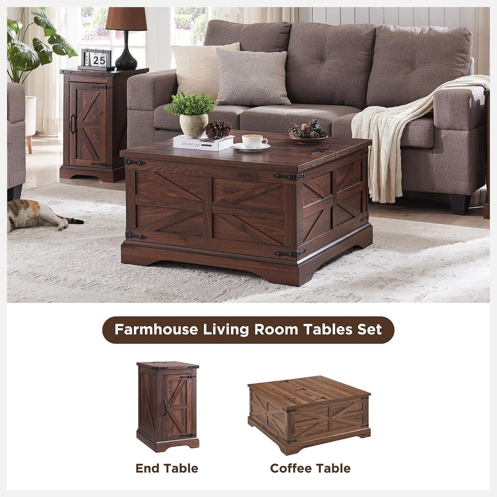 JXQTLINGMU 3-Piece Farmhouse Coffee Table and End Table Sets, Includeds 36' Lift Top Square Coffee Table w/Storage & 2 Rustic Wood End Tables w/Charging Station & Barn Doors for Living Room, Brown