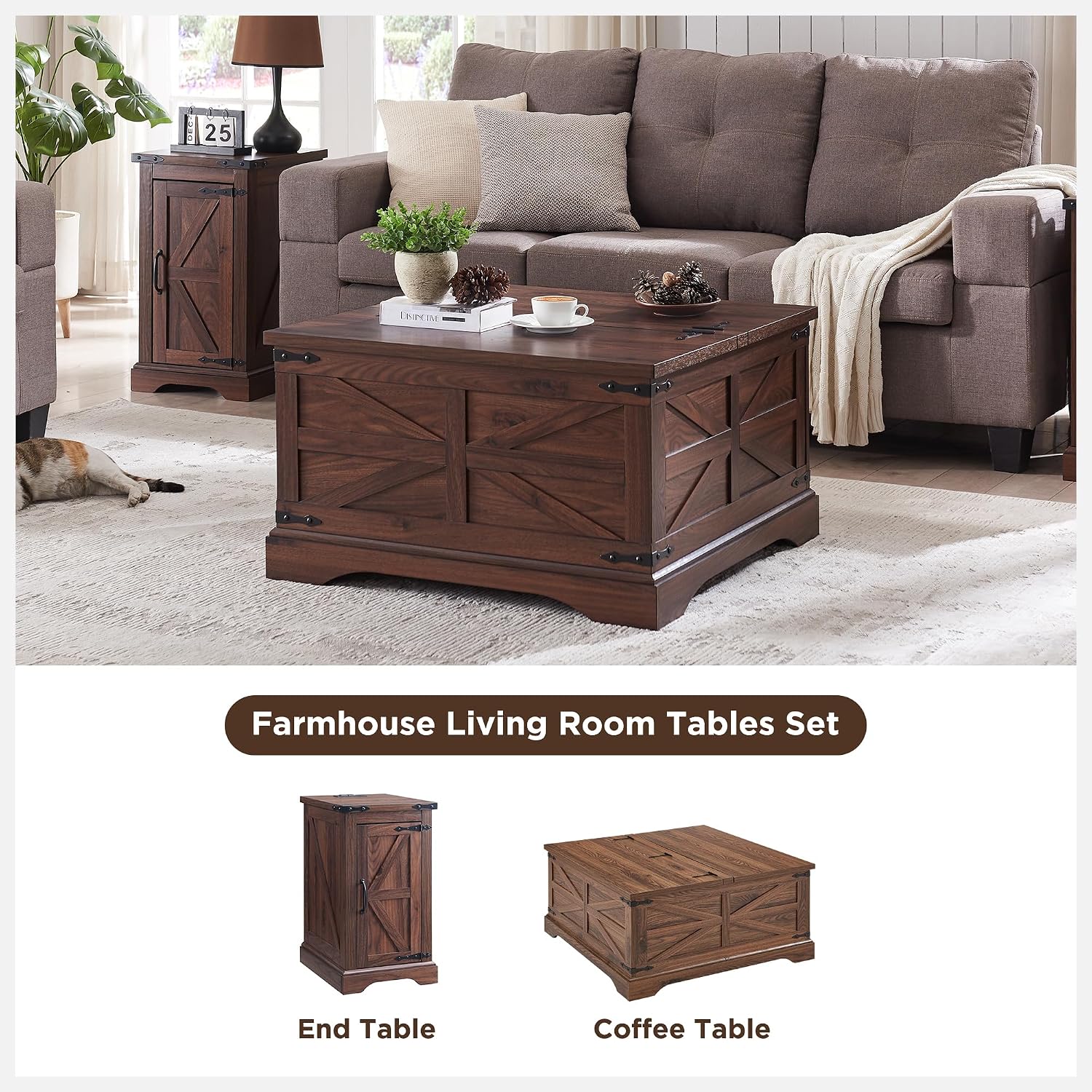 JXQTLINGMU 3-Piece Farmhouse Coffee Table and End Table Sets, Includeds 36' Lift Top Square Coffee Table w/Storage & 2 Rustic Wood End Tables w/Charging Station & Barn Doors for Living Room, Brown