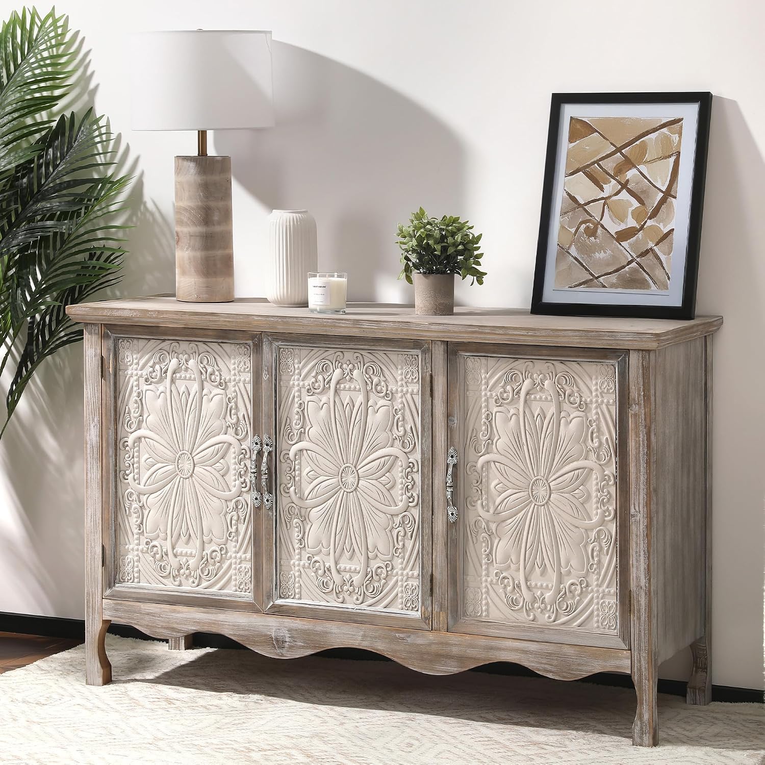 RoyalCraft Farmhouse Sideboard Buffet Cabinet with Storage, 49' Solid Wood Credenza Buffet Table Coffee Bar Wine Bar Storage Cabinet with 3 Doors for Dining Room Living Room Hallway, (Provence Gray)