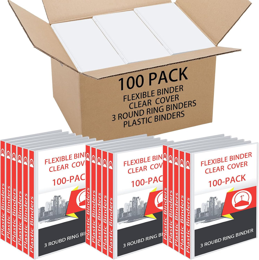 Fulmoon 100 Pcs 3 Ring Binders 1 Inch, Plastic Flexible Binders in Bulk with 2 Interior Pockets,Hold 175 Sheets with Clear Cover for Office, Home, and School(White)