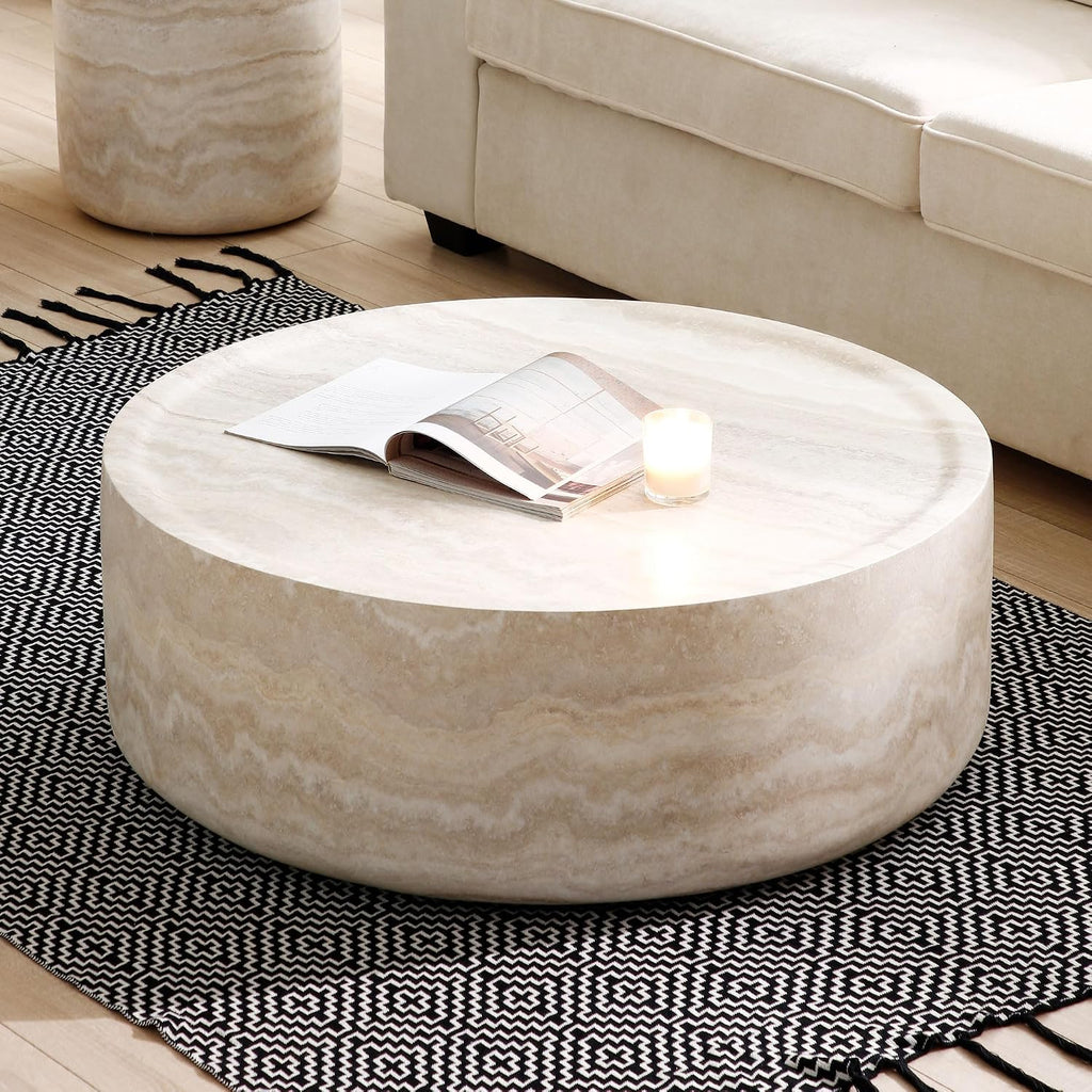 Round Mars Pattern Coffee Table for Living Room Modern Faux Stone Coffee Tables for Apartment, No Need Assembly, Fiberglass Material Faux Travertine Textured Marble Pattern (ø35.43' x 12')
