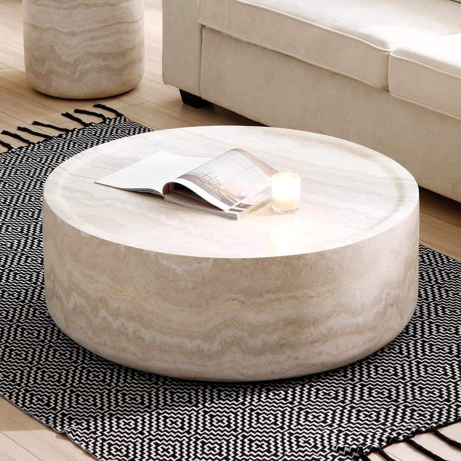 Round Mars Pattern Coffee Table for Living Room Modern Faux Stone Coffee Tables for Apartment, No Need Assembly, Fiberglass Material Faux Travertine Textured Marble Pattern (ø35.43' x 12')