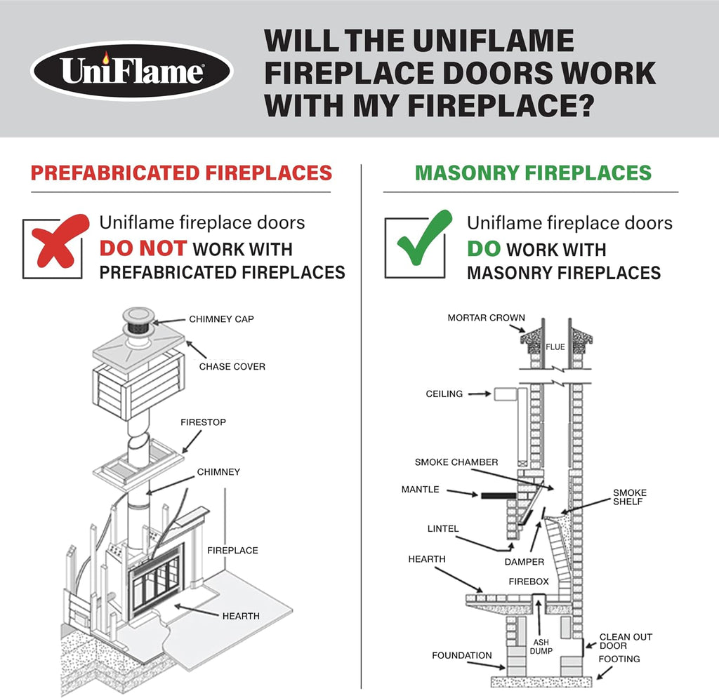 UniFlame - Logan - Cabinet-Style Fireplace Doors with Smoke Tempered Glass (Color: Black, Size: Large - Fits Opening 36in to 43in W x 25.5in to 32.5in H)