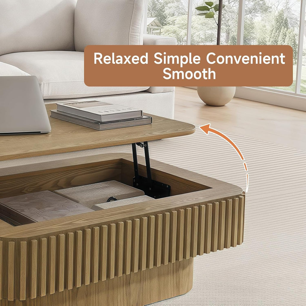 Lift Top Coffee Table for Living Room, Fluted Coffee Tables with Storage, Solid Wood Veneered Modern Accent Tea Center Table for Small Space Apartment (Natural-38.6''D×26.8''H)