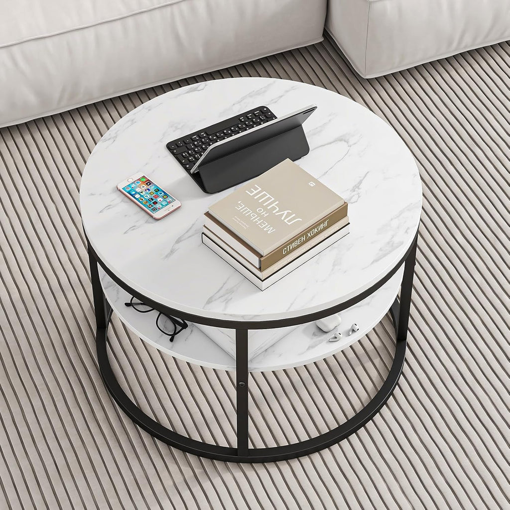 HOJINLINERO Round Coffee Table with Storage, Lift Top Coffee Table with Hidden Compartment, Farmhouse Juxing Design for Living Room, 2-Tier Small Round Dining Center, White