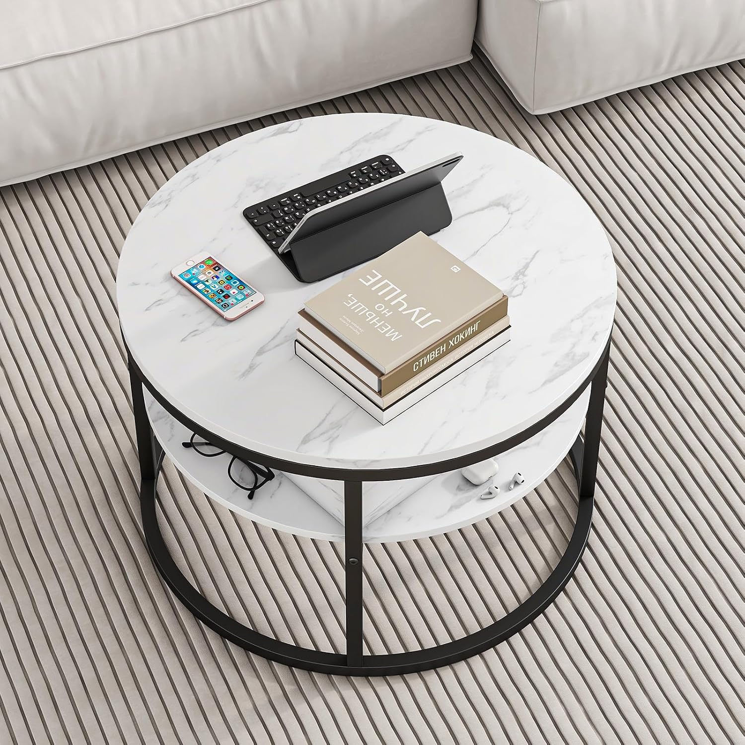 HOJINLINERO Round Coffee Table with Storage, Lift Top Coffee Table with Hidden Compartment, Farmhouse Juxing Design for Living Room, 2-Tier Small Round Dining Center, White