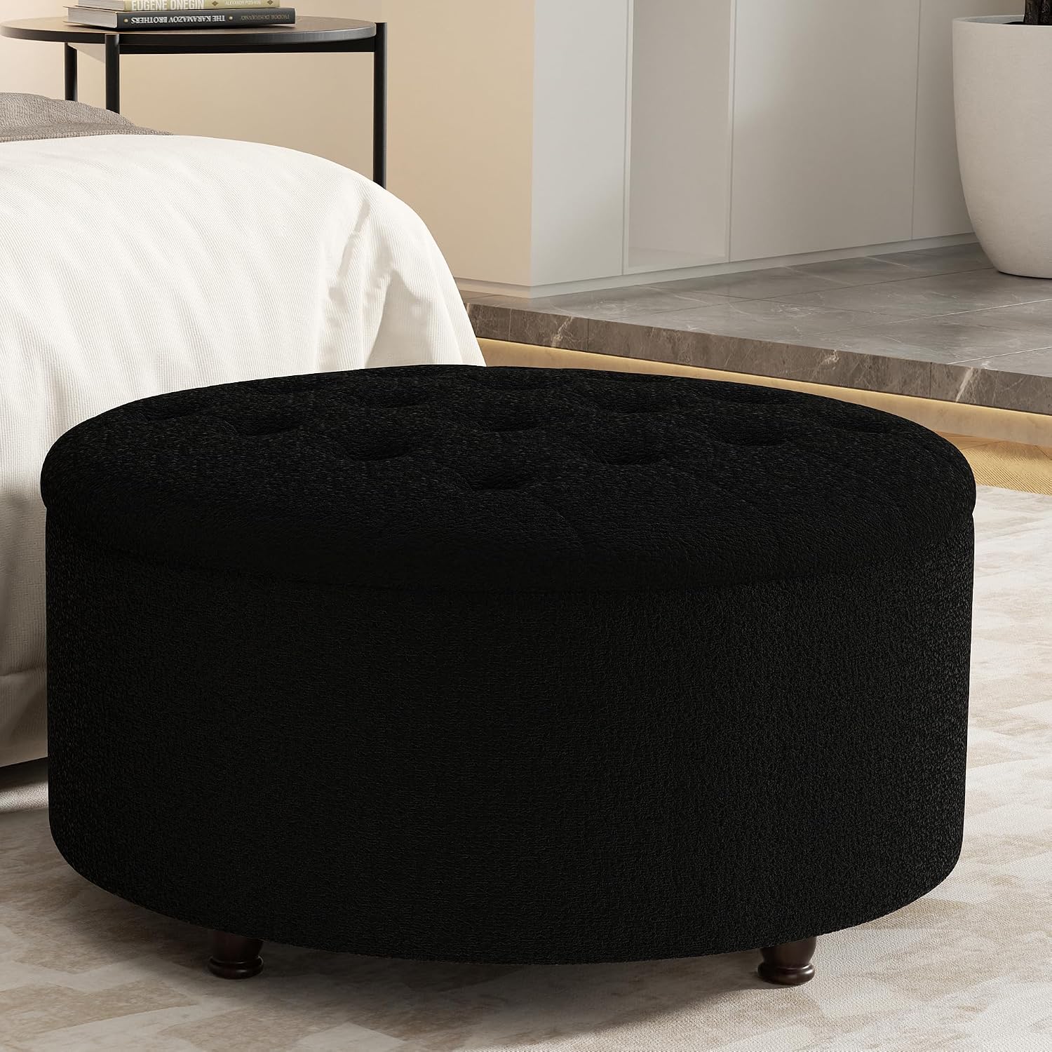 30 Inch Round Storage Ottoman,Modern Tufted Ottomans,Circular Coffee Table with Removable Top,Upholstered Large Ottoman with Storage Footrest Stool for Bedroom Living Room (Teddy Black)