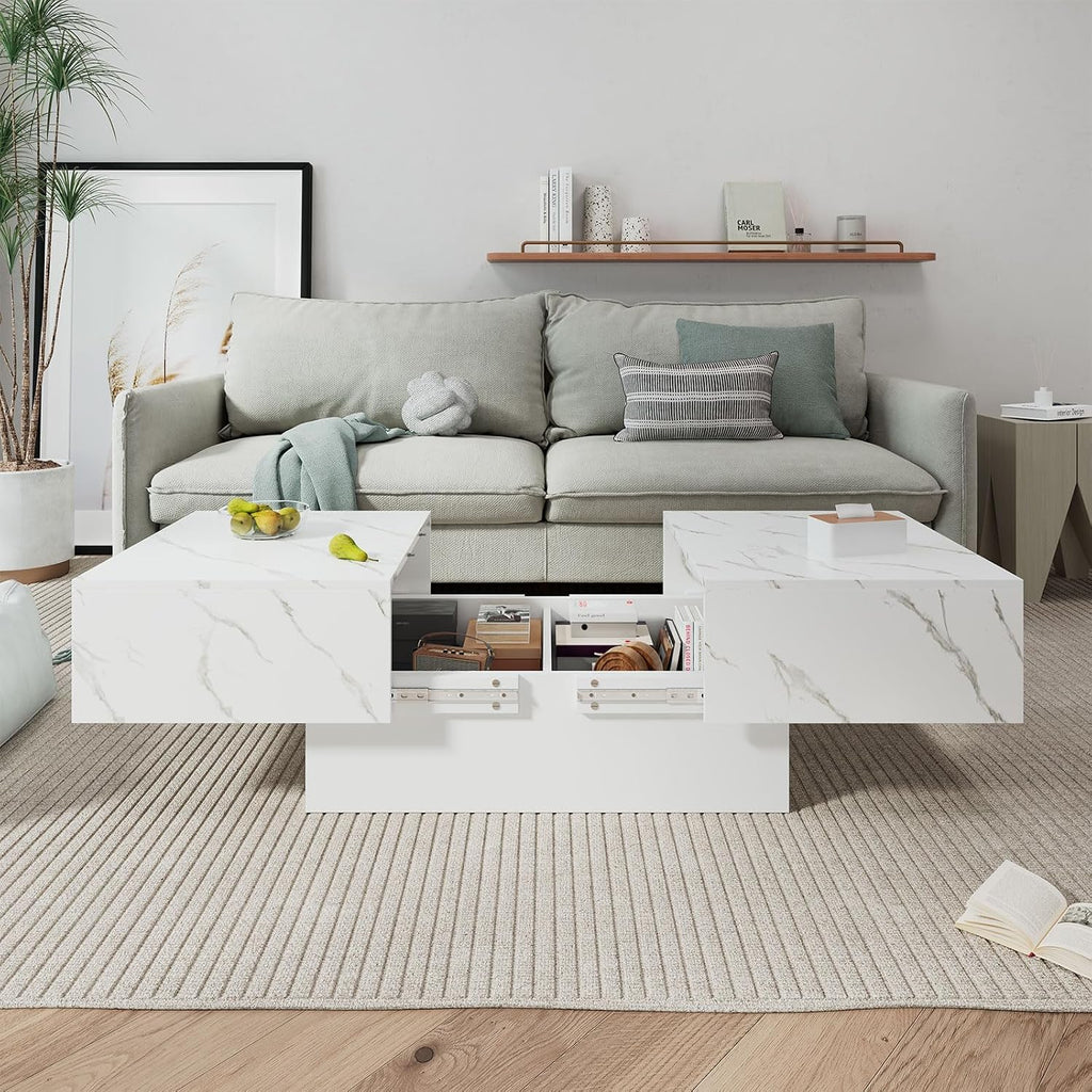 HedoAjim White Marble Coffee Table with Large Storage, Farmhouse Center Table for Living Room Mesas De Centro para Salas Modernas Nesting Modern Coffee Table for Reception Room