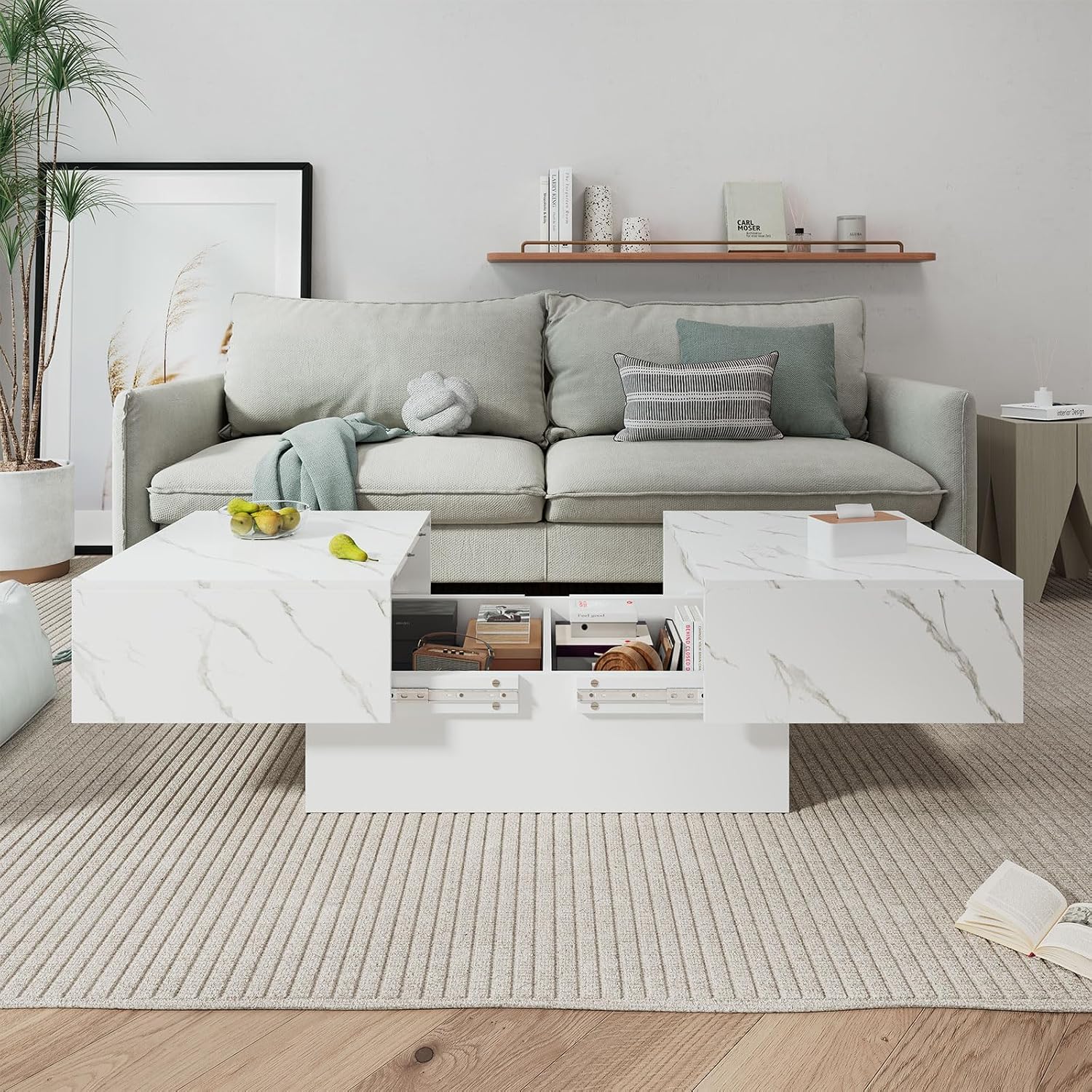 HedoAjim White Marble Coffee Table with Large Storage, Farmhouse Center Table for Living Room Mesas De Centro para Salas Modernas Nesting Modern Coffee Table for Reception Room