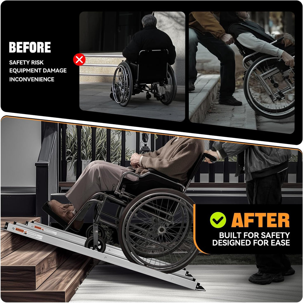 Auto Dynasty 8FT Adjustable Wheelchair Ramp with Support Stand, Portable Telescoping Folding Aluminum Wheel Chair Threshold Ramps for Home Steps Doorways, 96' L x 7.4' W, 1200Lbs Capacity (2 Pack)