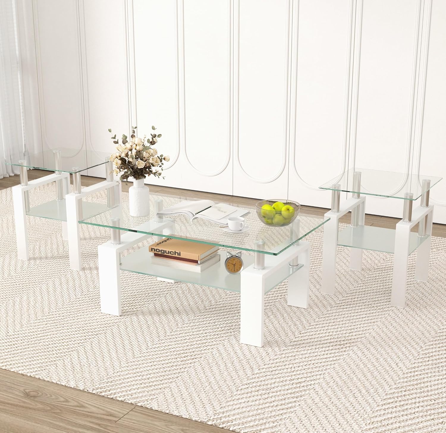 Glass Coffee Table Set of 3, 3-piece Living Room Tables with Tempered Glass and Metal Frame, Coffee and End Table Sets, White