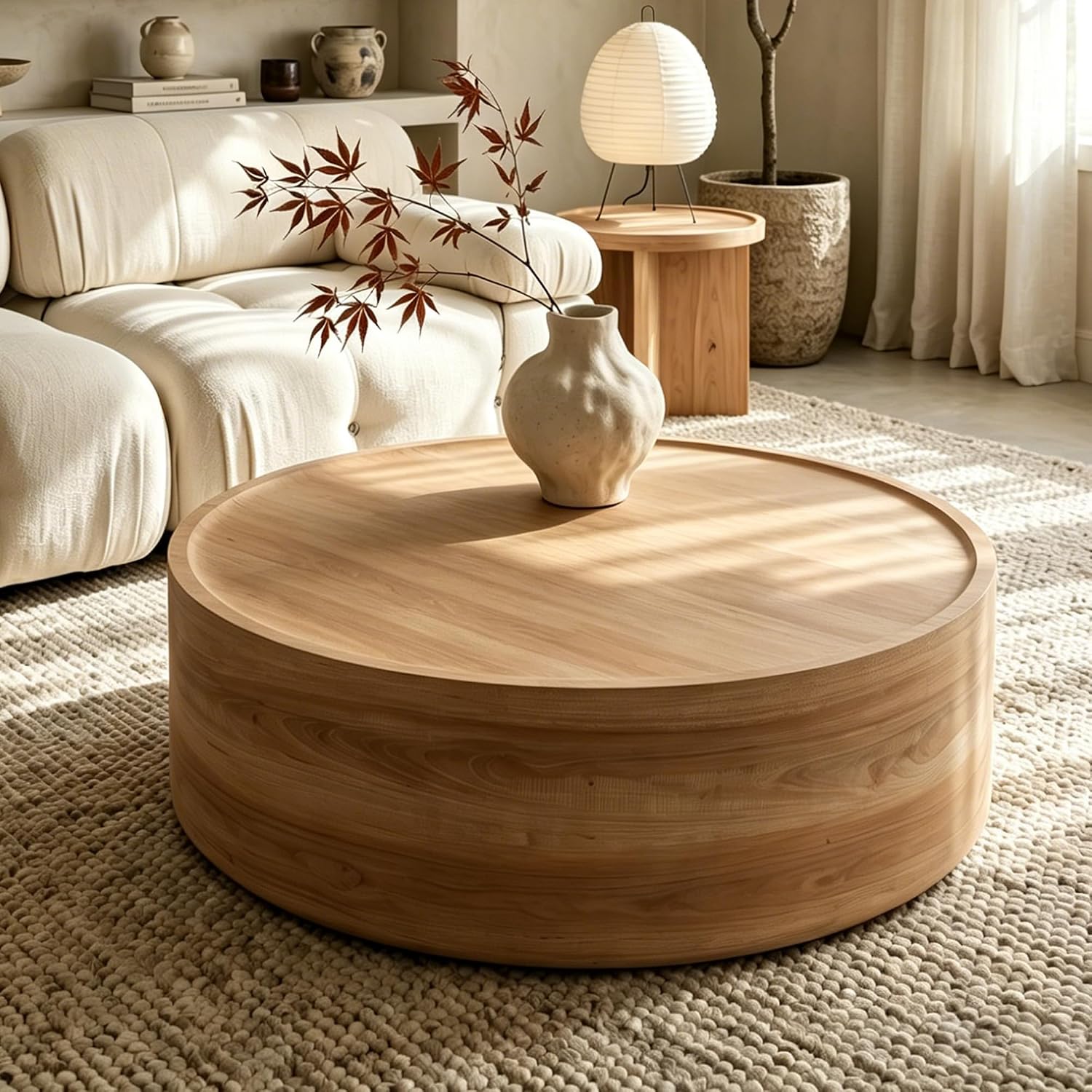 Modern Drum Coffee Table Natural Wood Color Coffee Tables Round Center Table for Living Room Home Office,39.3'- Fully Assembled