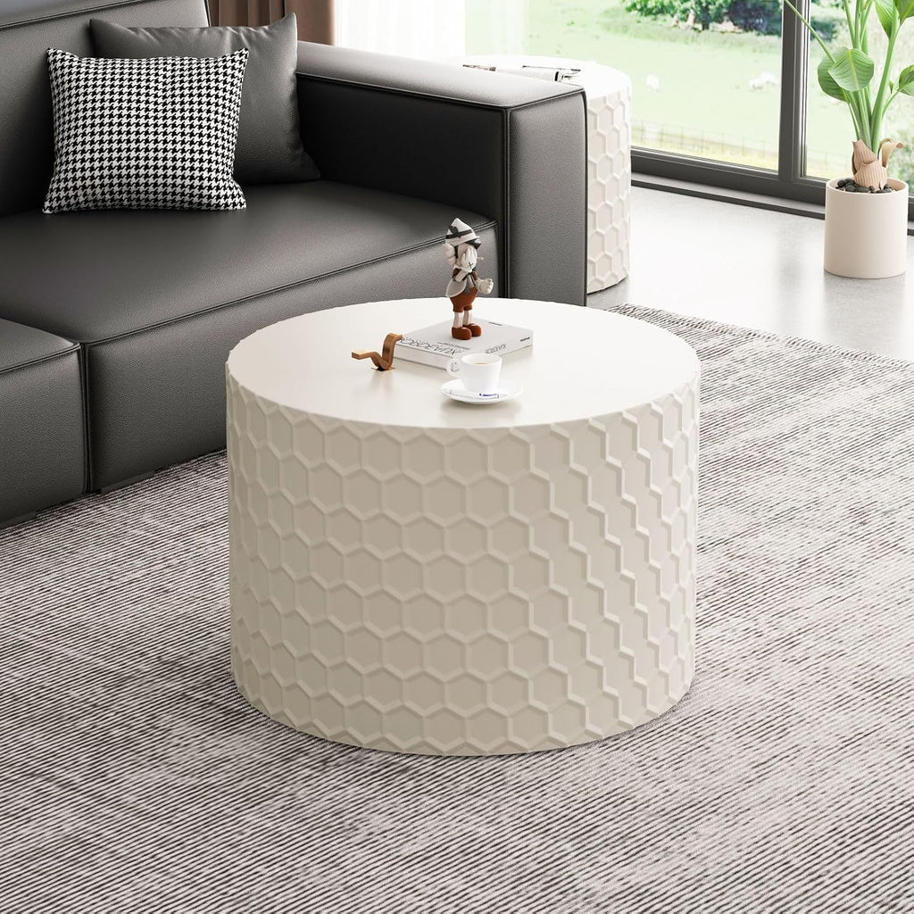 KEVINSPACE Nesting Coffee Tables - Set of 2, 23.6' Round Wood Grain Top with Non-Slip Feet, Industrial Modern End Tables for Living Room, Bedroom, Balcony, Yard - Beige