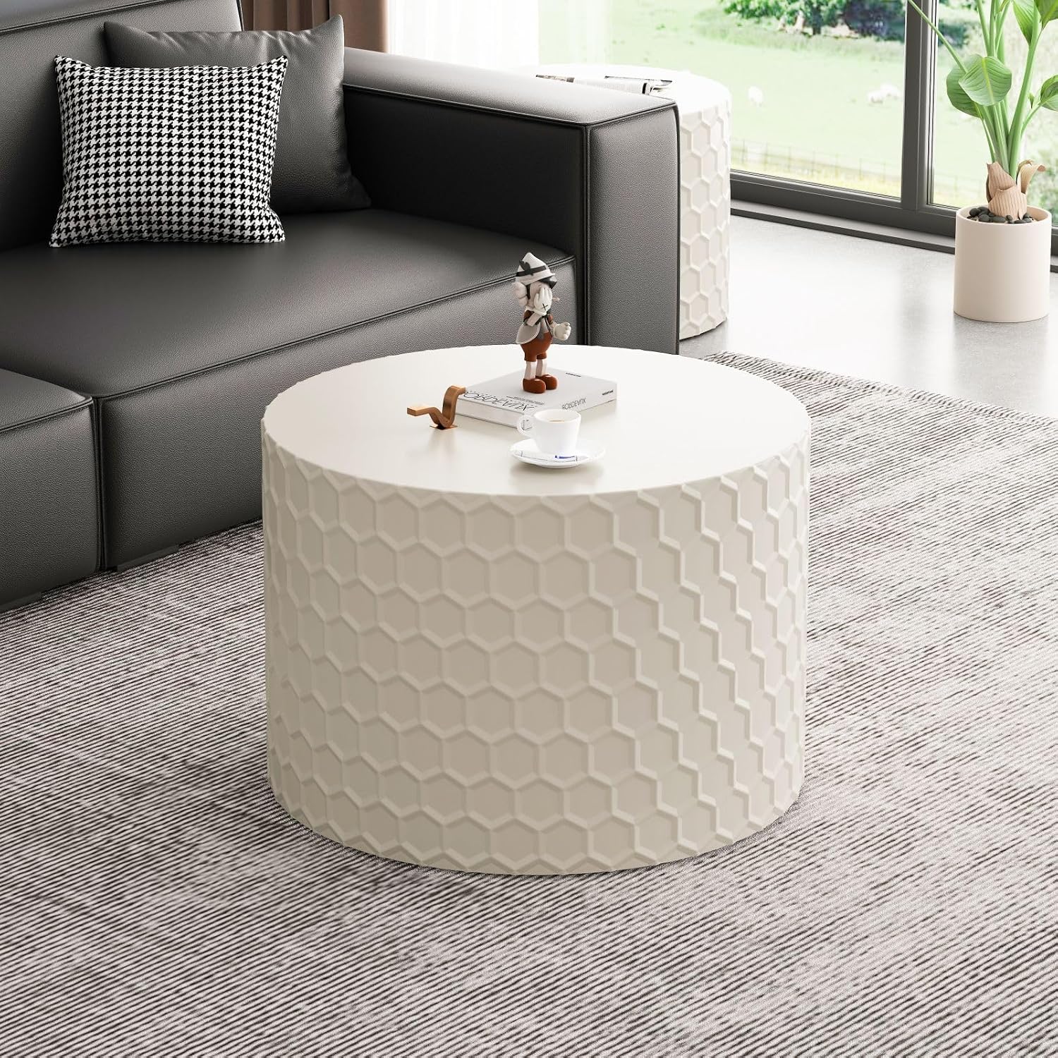 KEVINSPACE Nesting Coffee Tables - Set of 2, 23.6' Round Wood Grain Top with Non-Slip Feet, Industrial Modern End Tables for Living Room, Bedroom, Balcony, Yard - Beige