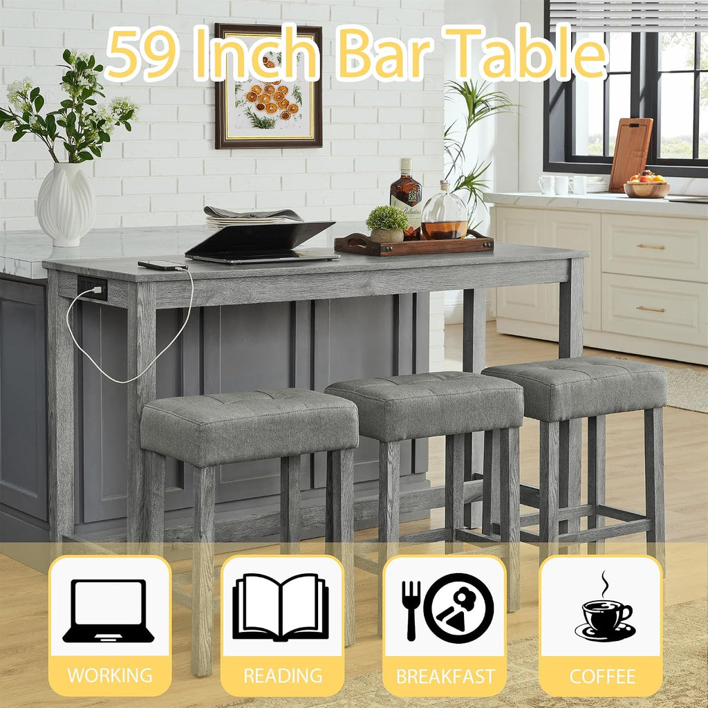 Merax 59' Bar Table Set with Power Outlet,Industrial Breakfast Table with 3 Upholstered Stools w/Footrest,4 Piece Counter Height Bar Table and Chair Set for Living Room,Dining Room,Kitchen,Grey