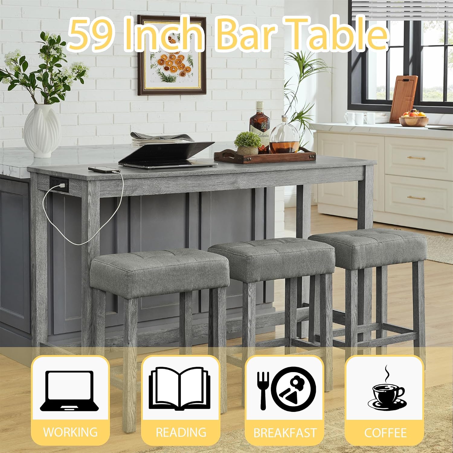Merax 59' Bar Table Set with Power Outlet,Industrial Breakfast Table with 3 Upholstered Stools w/Footrest,4 Piece Counter Height Bar Table and Chair Set for Living Room,Dining Room,Kitchen,Grey