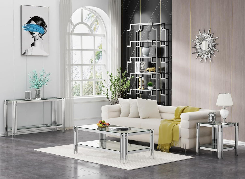 Modern Glass End Table,Sqaure Sofa Side Table with Shiny Geometric Stainless Steel Base,Clear Glass Accent End Table Bedside Table Nightstand for Living Room Bedroom Office