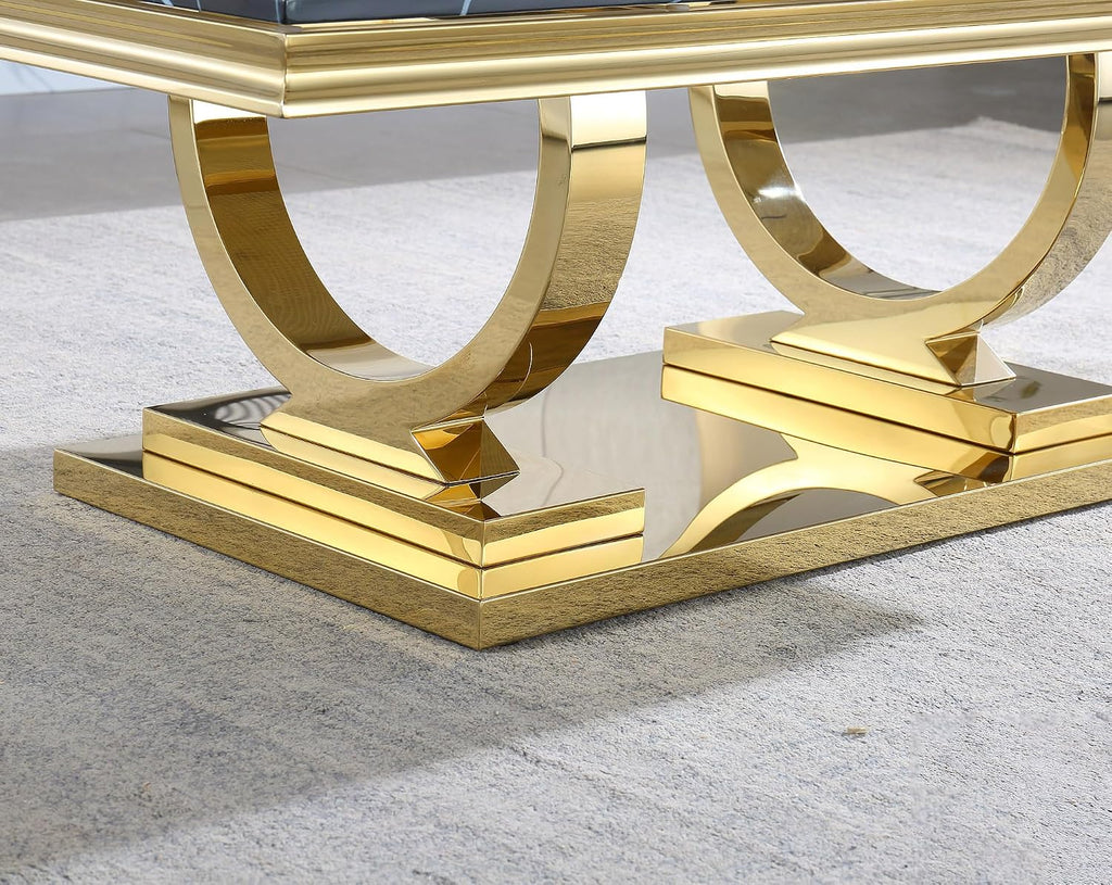 2 Piece Living Room Table Set, Modern Faux Marble Coffee & End Table Set for Living Room Apartment, Mirrored Stainless Steel Base, Imitation Marble Tabletop (Black & Gold)