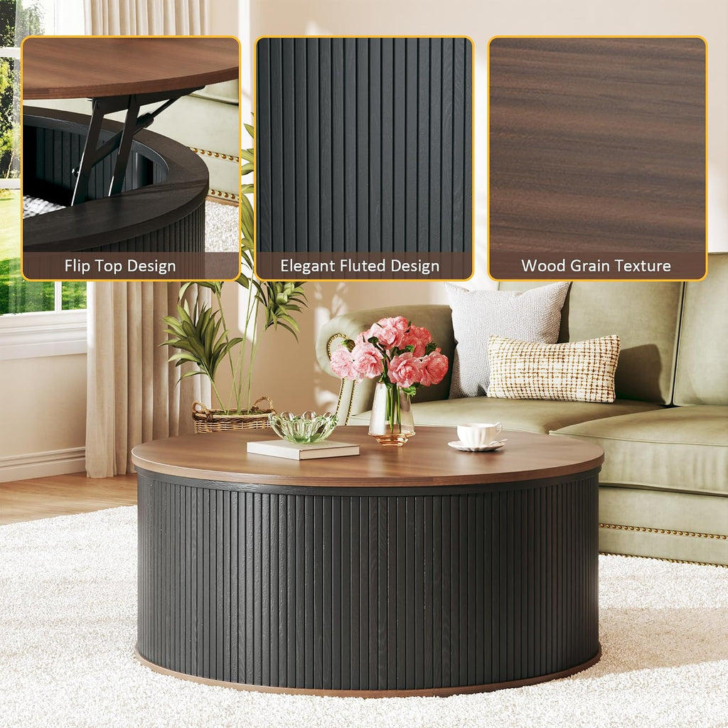HUAHUU Round Coffee Table with Storage, 31.5' Lift Top Coffee Table, Mid Century Modern Coffee Tables for Living Room, Apartment Office, Fluted Table with Rustic Wood Desktop