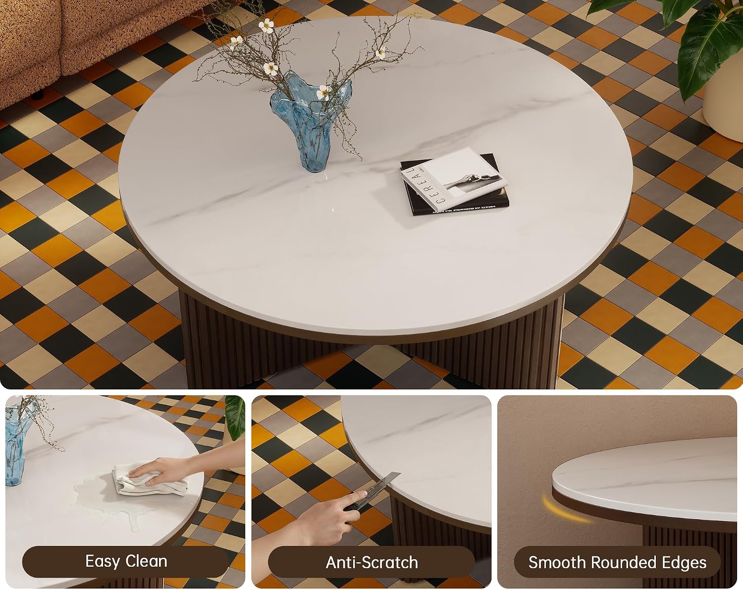 Morden Fort Faux Marble Coffee Table, Round Coffee Table Sintered Stone Top & Solid Fluted Wood Mid Century Modern Coffee Circle Table for Apartment Living Room Porch - 33'' White Top