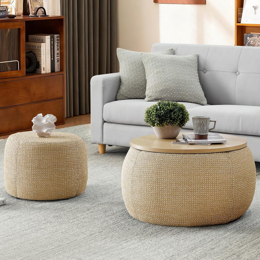 Round Ottoman with Storage Set, 25' +18' Circle Coffee Table Upholstered Nesting Modern End Table Footstool with Removable Wood Tray Woven Rattan for Living Room No Assembly, Natual
