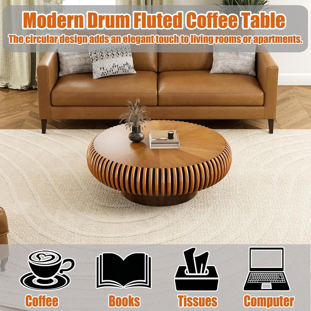 31.5' Round Drum Coffee Table, Modern Fluted Tea Table with Solid Wood Veneer, Wooden Circle Center Table for Living Room, Small Spaces, and Apartments, Easy Assembly