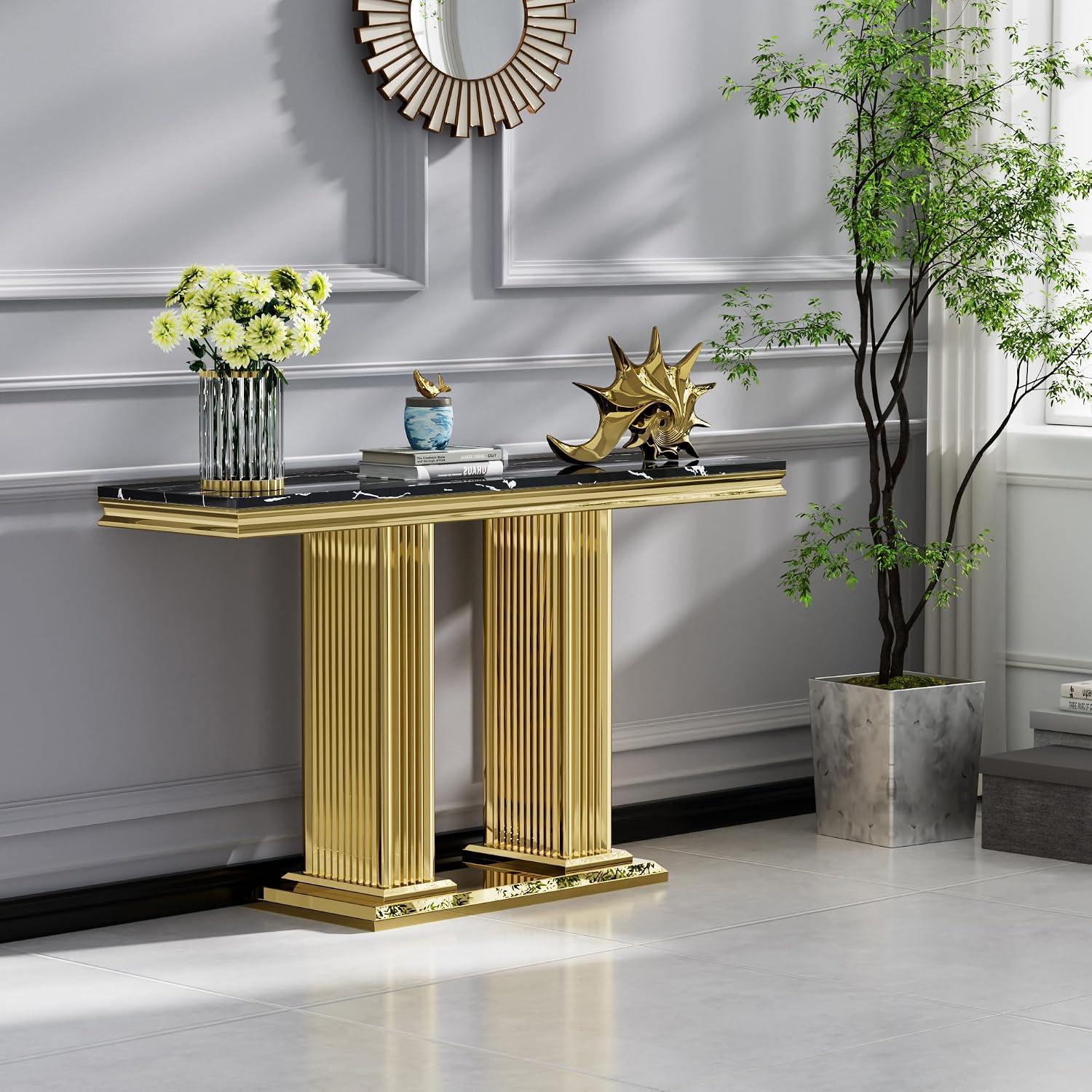 2 Pieces Coffee Table Set, Faux Marble Living Room Table Set of 2, Modern Coffee Table and Console Table with Column-Shaped Stainless Steel Base for Living Room Office (Black Gold)