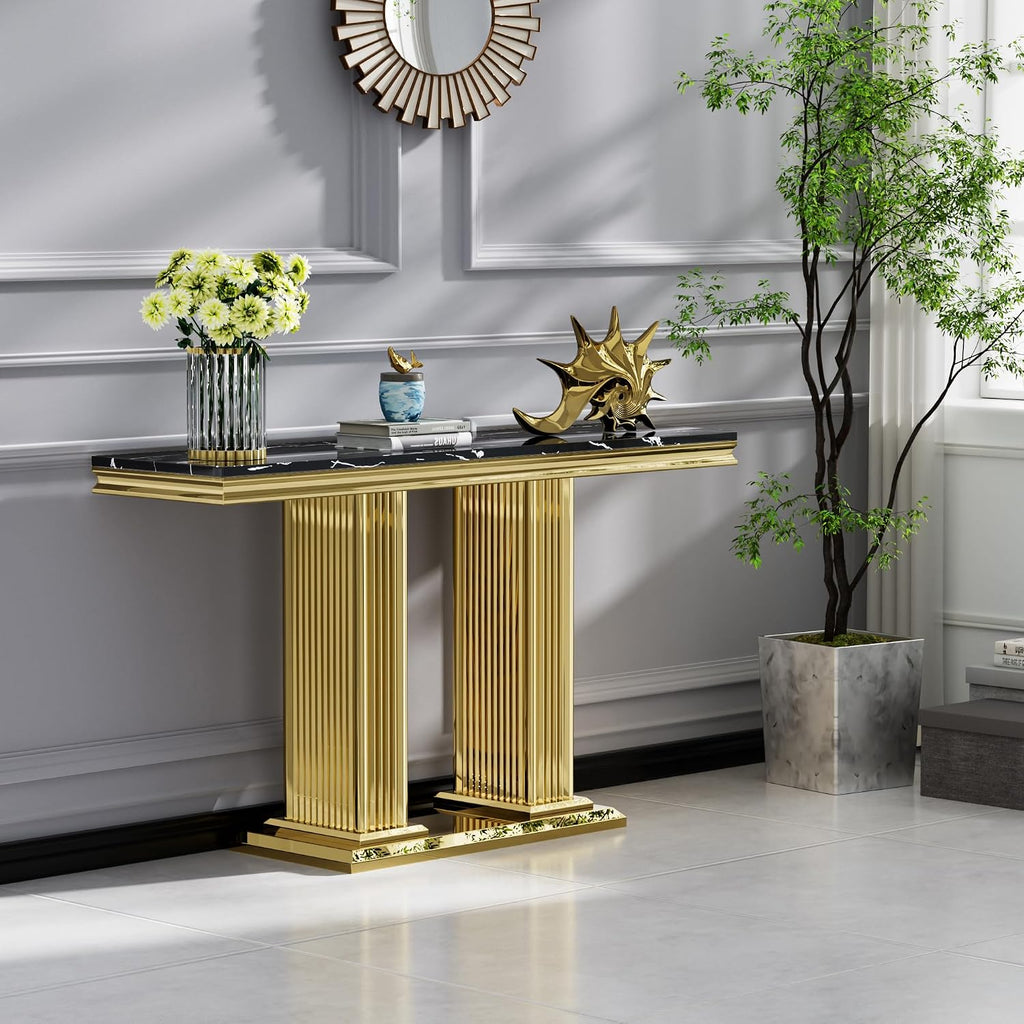 4 Pieces Living Room Table Set, Faux Marble Coffee Table Set of 4, Modern Coffee Table,Console Table and 2 End Tables with Column-Shaped Stainless Steel Base for Living Room Office Black Gold