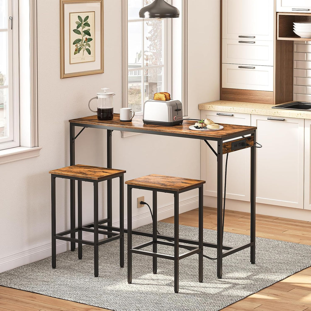 HOOBRO Bar Table and Chairs Set, 47.2' Dining Table Set with Power Outlet, 3-Piece Pub Table Set, Kitchen Bar Height Table with Stools of 2, Space Saving for Living Room, Rustic Brown BF46UBT01