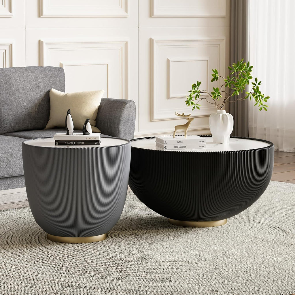 Round Coffee Table Set of 2, Sintered Stone Black Coffee Table with Grey End Table, Nesting Tables for Living Room, Accent Side Table for Apartment Home Office, No Need Assembly