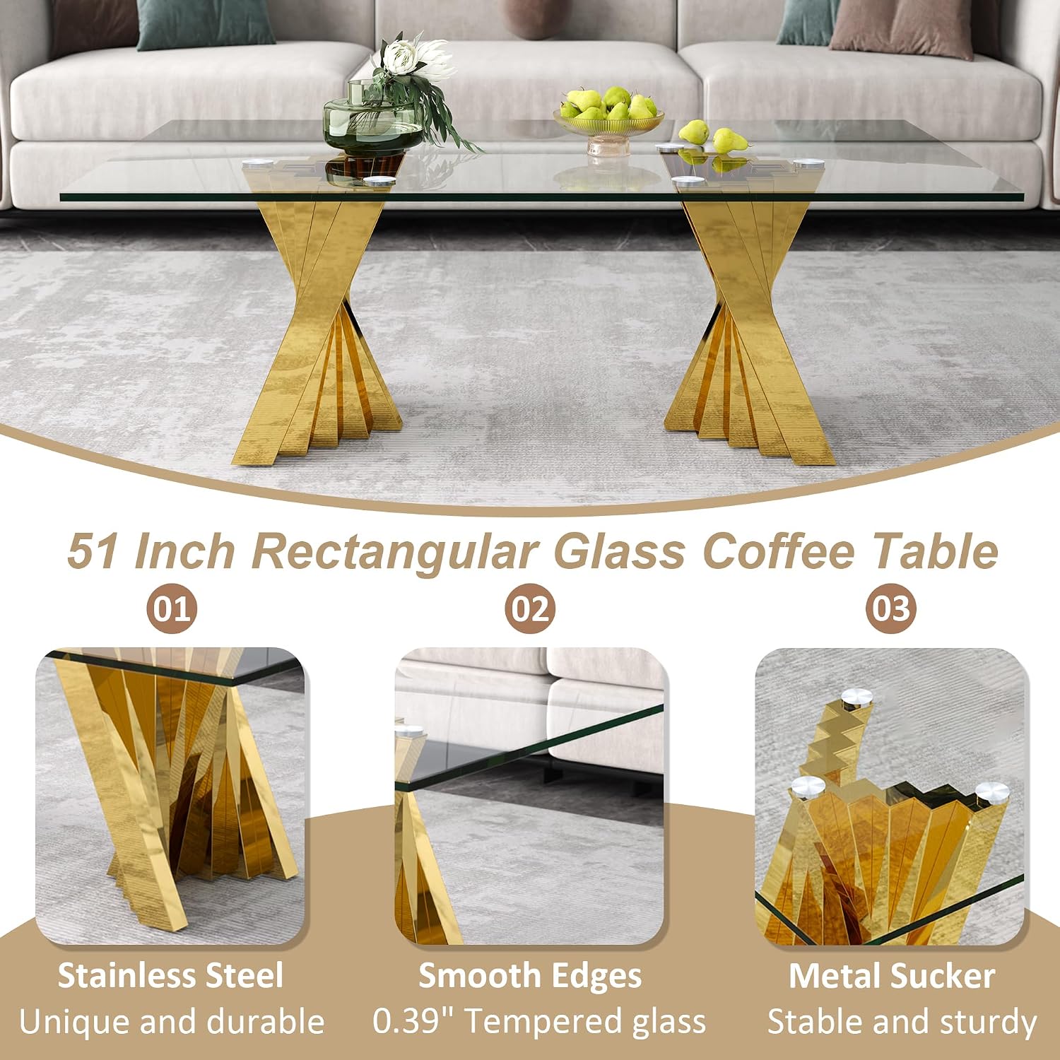 Rectangle Glass Console Table 2-Piece Set with Console Table and End Table, with Tempered Glass Tabletop and Mirrored Stainless Steel Table Legs, for Living Room, Office, Apartment, Gold