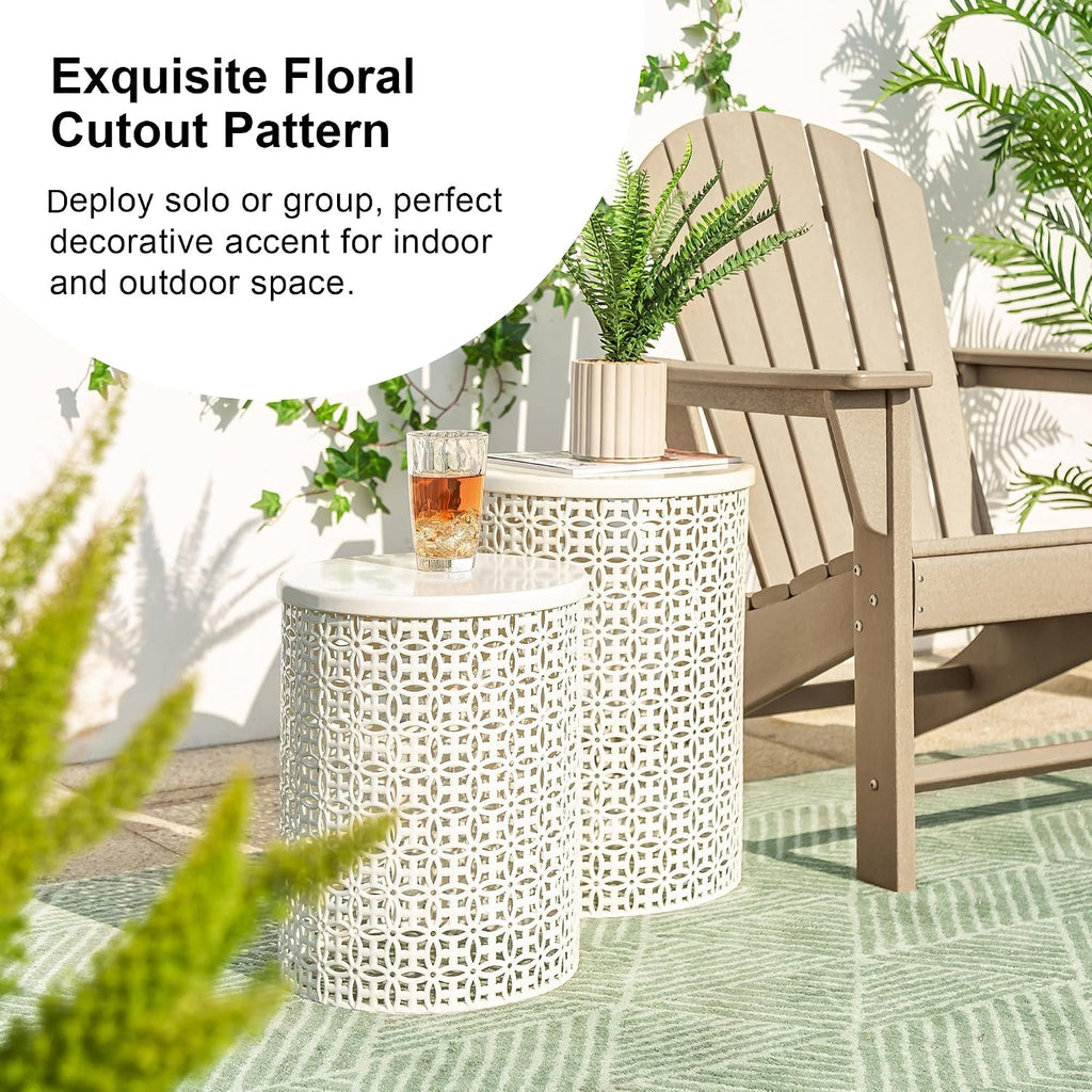 Glitzhome Accent Tables Living Room Set of 2, Round Metal End Side Table, Small Circle Coffee Bedside Table, Planter Stand for Couch Bedroom Nightstand, Cream White