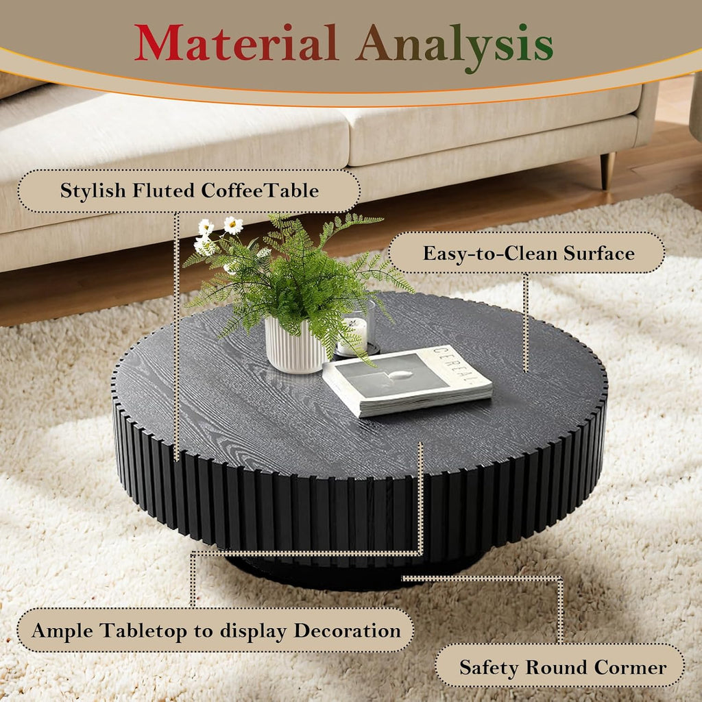 Black Fluted Coffee Table Mid Century Circle Center Tables for Living Room Chic Round Drum End Table for Small Space Easy Assembly (Round Black 31.5in)