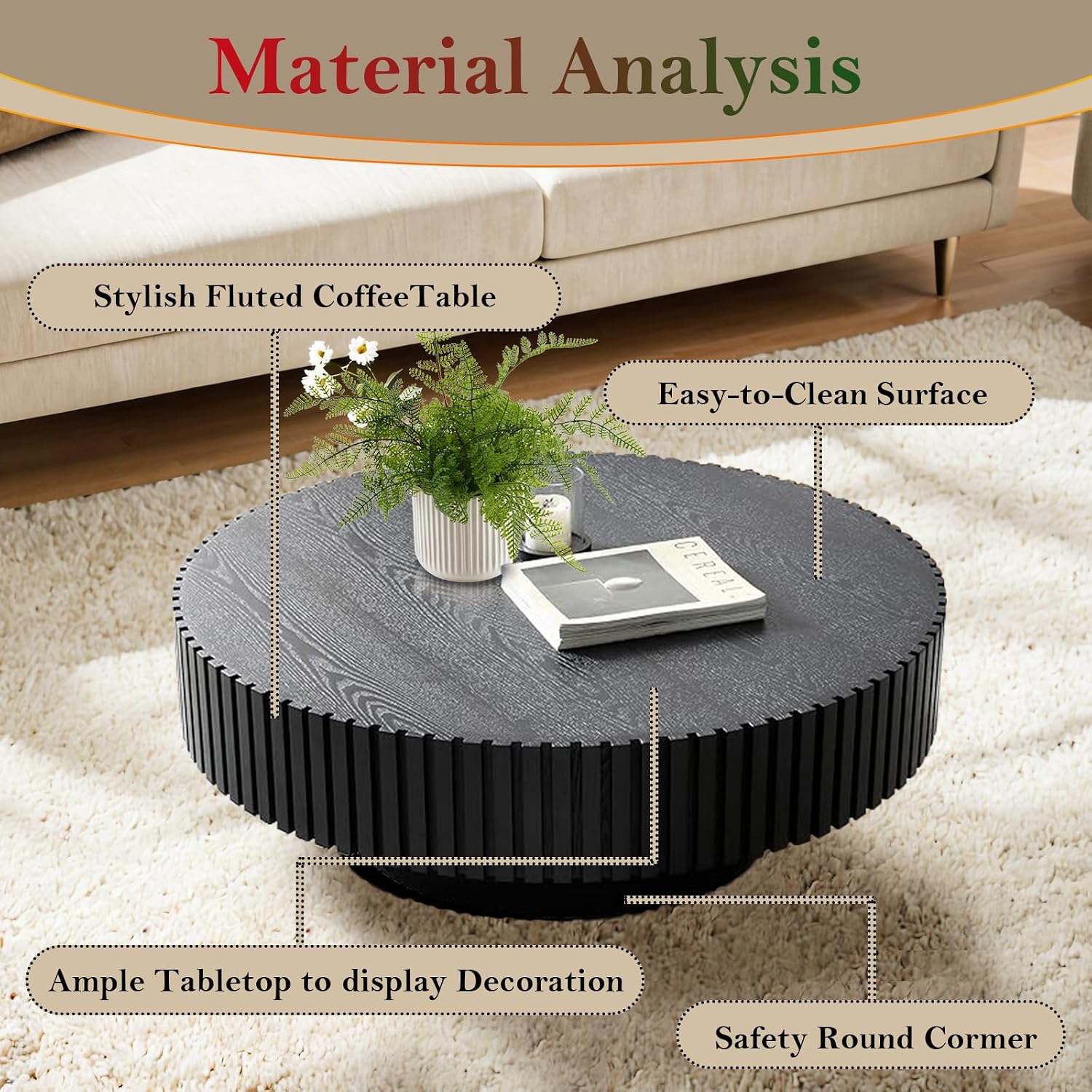 Black Fluted Coffee Table Mid Century Circle Center Tables for Living Room Chic Round Drum End Table for Small Space Easy Assembly (Round Black 31.5in)