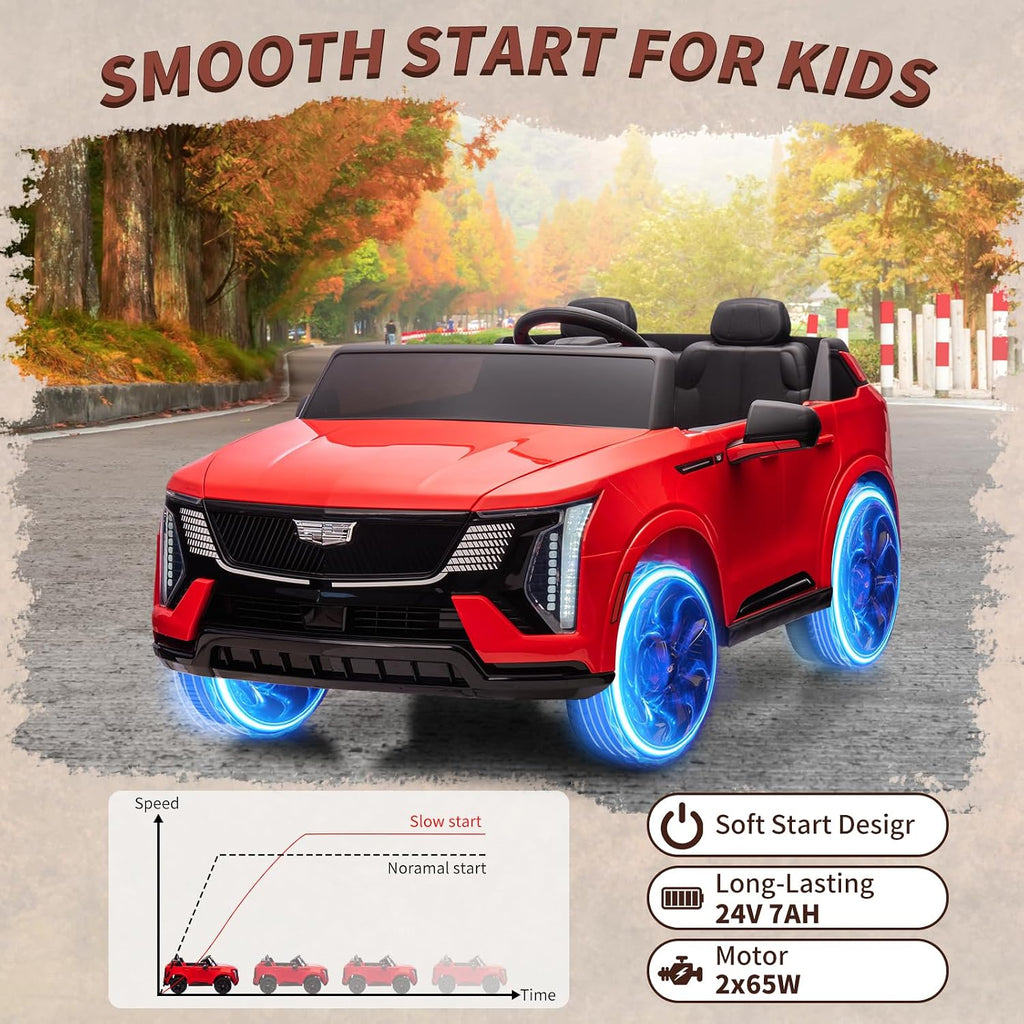 24V Ride On Car, Licensed Cadillac Battery Powered Electric Vehicle w/Remote Control, 2 Seater, 4-Wheel Shock Absorbers, Smooth Start, Music, LED Lights for Boys Girls