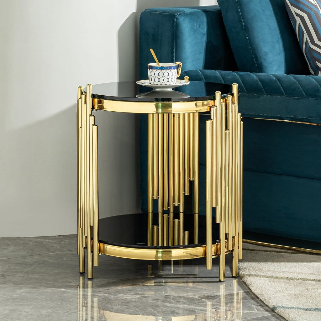 17.72'' Tempered Glass Side Table for Living Room, 2-Tier Modern Circle End Table, Glass Tabletop & Stainless Steel Frame, Easy Assembly, Black & Gold