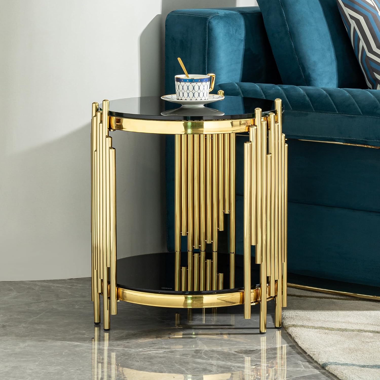 17.72' Black and Gold Tempered Glass Coffee Table with Storage, Luxury Circle Center Table with Shelf, 2 Tier Round CoffeeTable for Living Room Modern Mirror CoffeeTable, Circular Stainless Steel Base