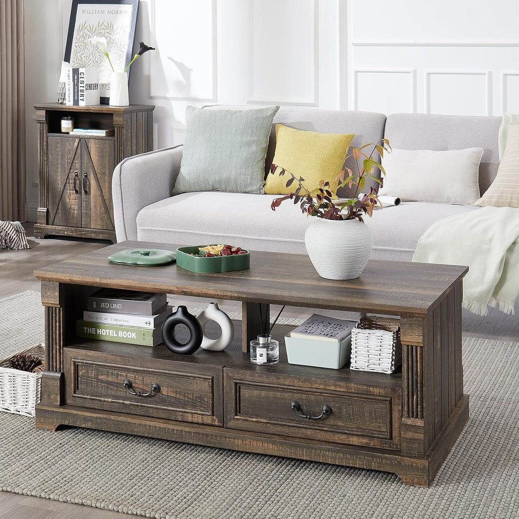 48'' Wood Coffee Table for Living Room, Farmhouse Coffee Table with Storage, Rustic Center Table for Living Room with 4 Drawers, Farmhouse & Industrial Cocktail Table for Home (Dark Rustic Oak)
