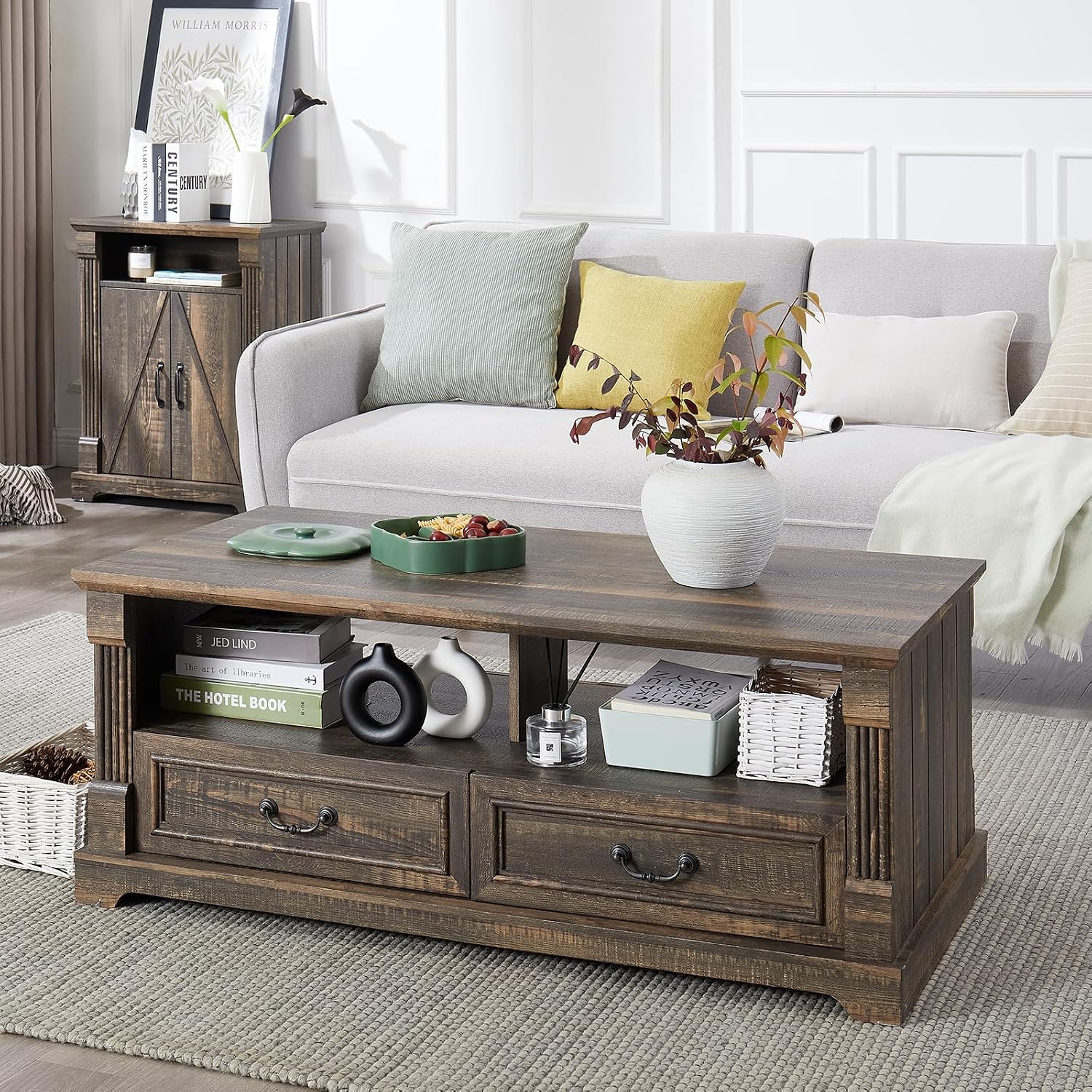 48'' Wood Coffee Table for Living Room, Farmhouse Coffee Table with Storage, Rustic Center Table for Living Room with 4 Drawers, Farmhouse & Industrial Cocktail Table for Home (Dark Rustic Oak)