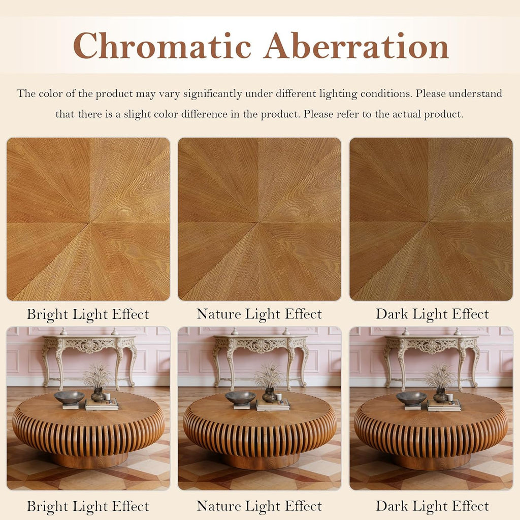 31.49' Round Fluted Coffee Table Unique Contemporary Wood Low Circle Drum Tea Tables with Sturdy Pedestal for Small Space (D Brown 31.49in)