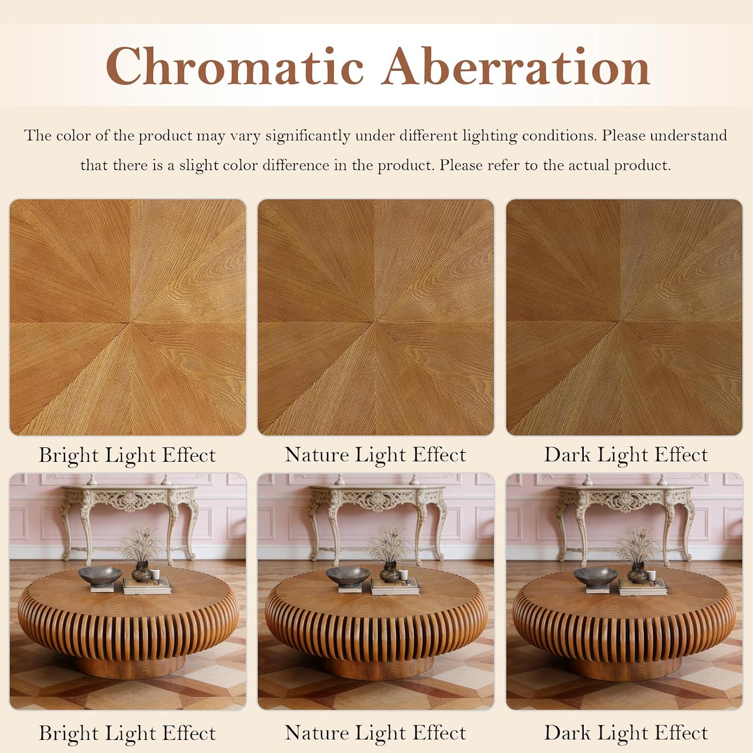 31.49' Round Fluted Coffee Table Unique Contemporary Wood Low Circle Drum Tea Tables with Sturdy Pedestal for Small Space (D Brown 31.49in)