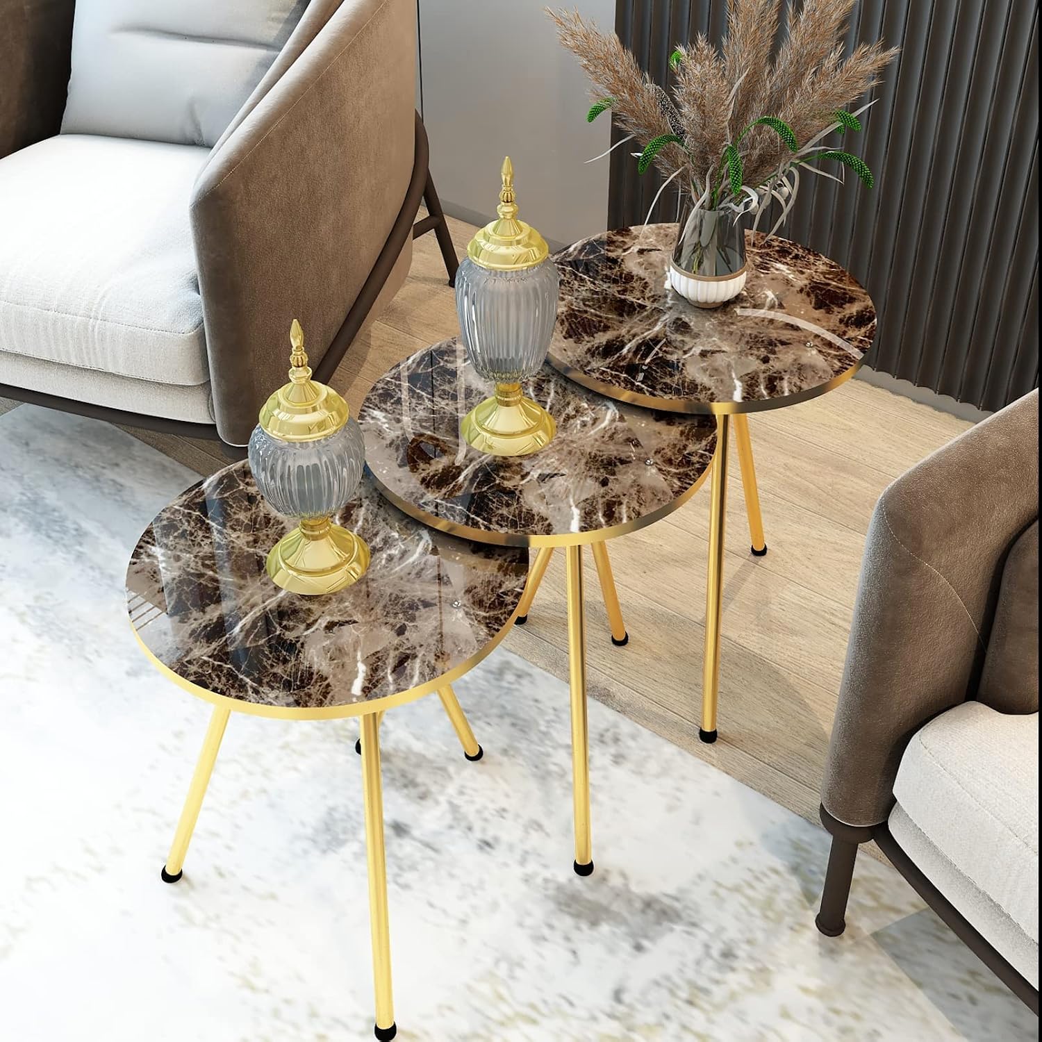 Set of 3 Nesting END Tables - Round Stacking Coffee Side Tables for Small Spaces, Nightstand Bedside Table for Living Room, Bedroom, Living Room, Balcony, NO-TOOLS ASSEMBLY (Brown Marble/Gold)