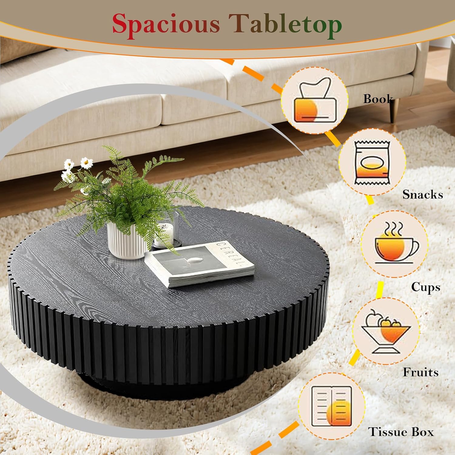 Black Fluted Coffee Table Mid Century Circle Center Tables for Living Room Chic Round Drum End Table for Small Space Easy Assembly (Round Black 31.5in)