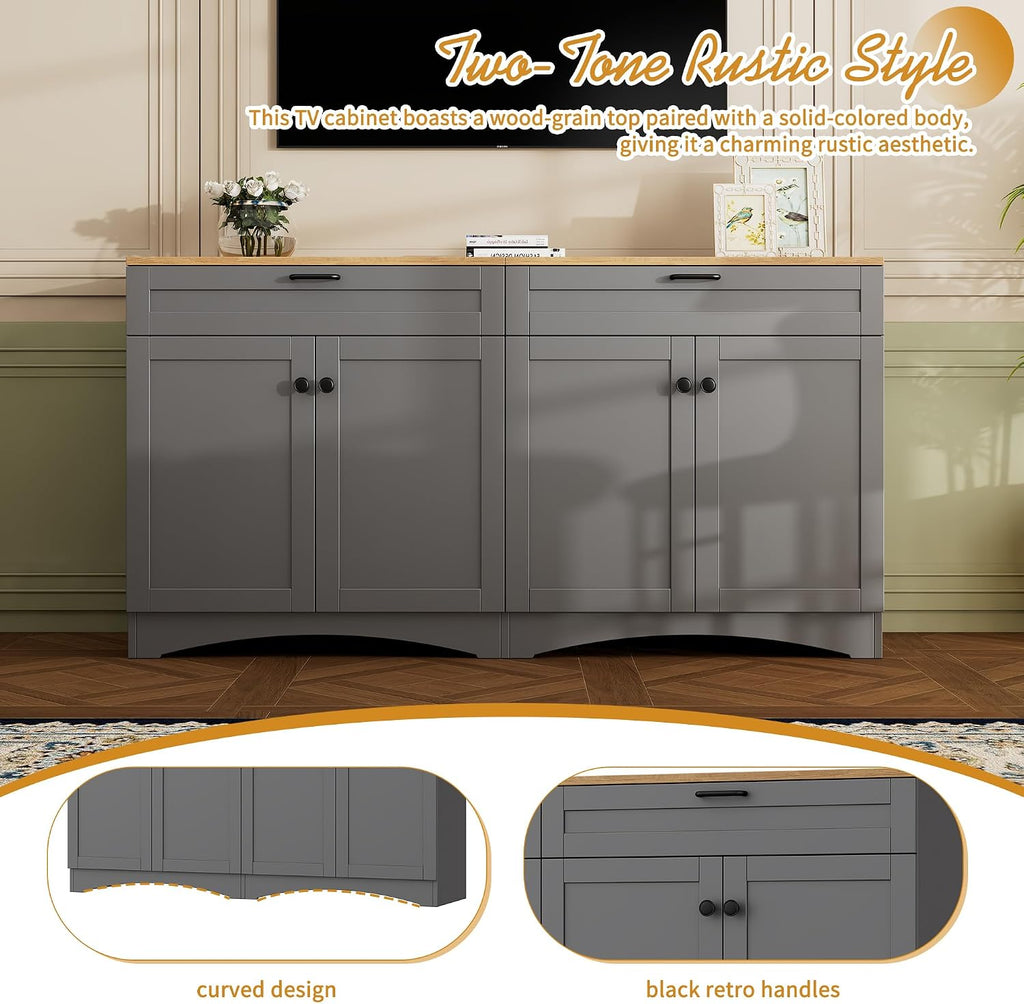 Ball & Cast Farmhouse TV Stand with 2 Drawers for TVs up to 70',Wood Grain Sideboard Buffet Cabinet w/Rustic Handles and Adjustable Shelf,Entertainment Center for Living Room,Bedroom,Grey