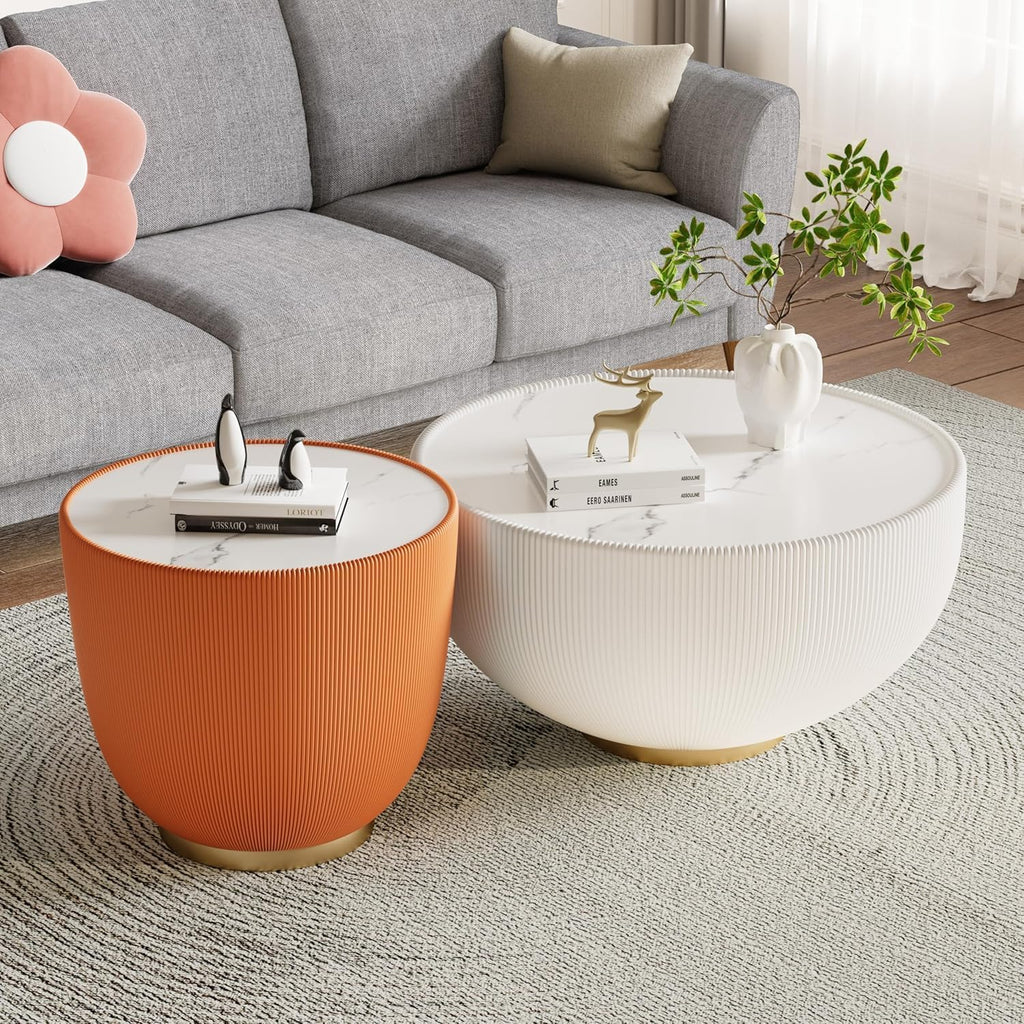 Round Coffee Table Set of 2, Sintered Stone White Coffee Table with Orange End Table, Nesting Tables for Living Room, Accent Side Table for Apartment Home Office, No Need Assembly