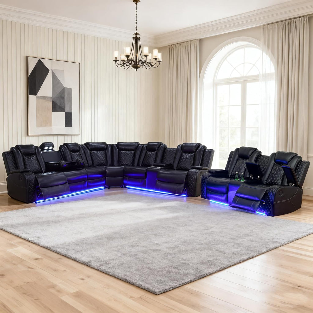 Power Leather Recliner Sectional Sofa Set with LED Lights,L Shaped Reclining Sectional Couch and Loveseat,Leather Sofa Set with Coffee Table/Storage for Living Room(Black,8 Seater)