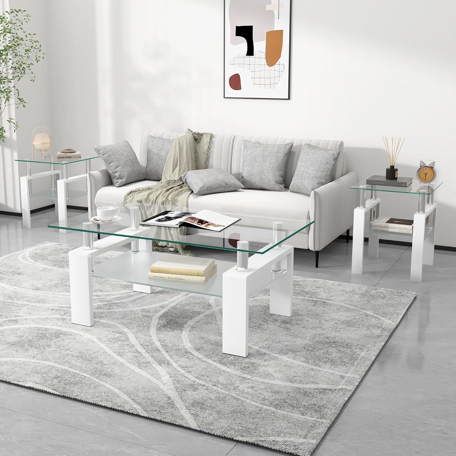 Glass Coffee Table Set of 3, 3-piece Living Room Tables with Tempered Glass and Metal Frame, Coffee and End Table Sets, White