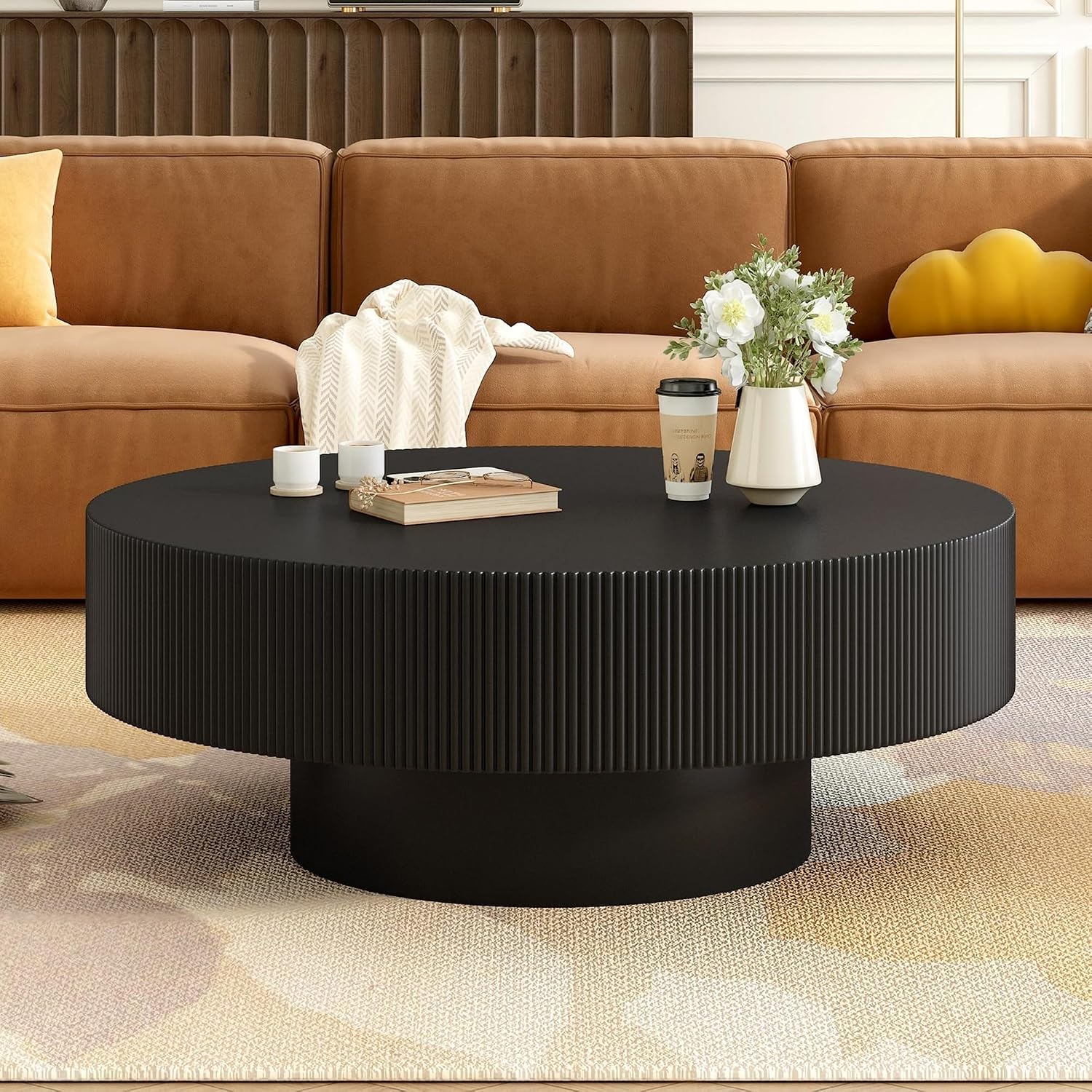 31.5' Round Coffee Table Modern Black Fluted Coffee Table for Living Room Circle Drum Wood Center Tables Accent Cocktail Tea Tab Living Room Tables for Apartment Office
