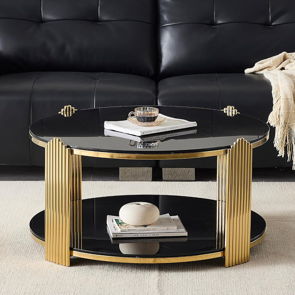 Glass Round Coffee Table with 2-Tier Storage, Black Tempered Glass Top with Gold Stainless Steel Frame, Modern Living Room Table Black Gold Round Center Table, 80 LBS Capacity