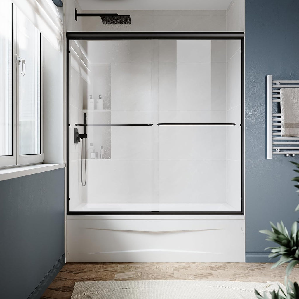SUNNY SHOWER Double Sliding Glass Door 60' W x 57' H Shower Door 1/4' Tempered Glass Sliding Door Semi-Frameless Shower Glass Enclosure Bypass Walk in Shower Cabin, Matte Black